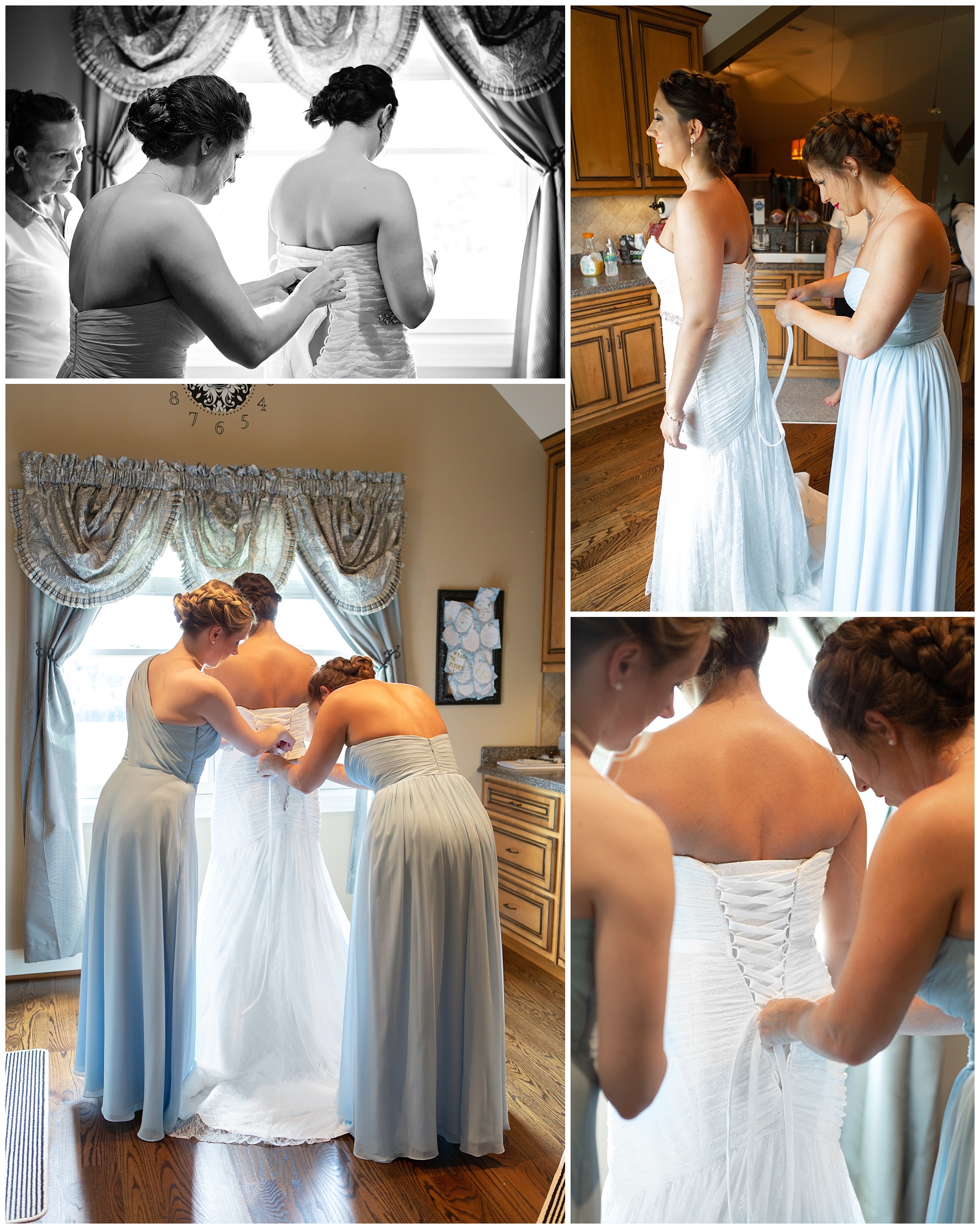 Bridesmaids helping Bride getting ready - Rock Creek Farm - Gallatin Wedding Photographer