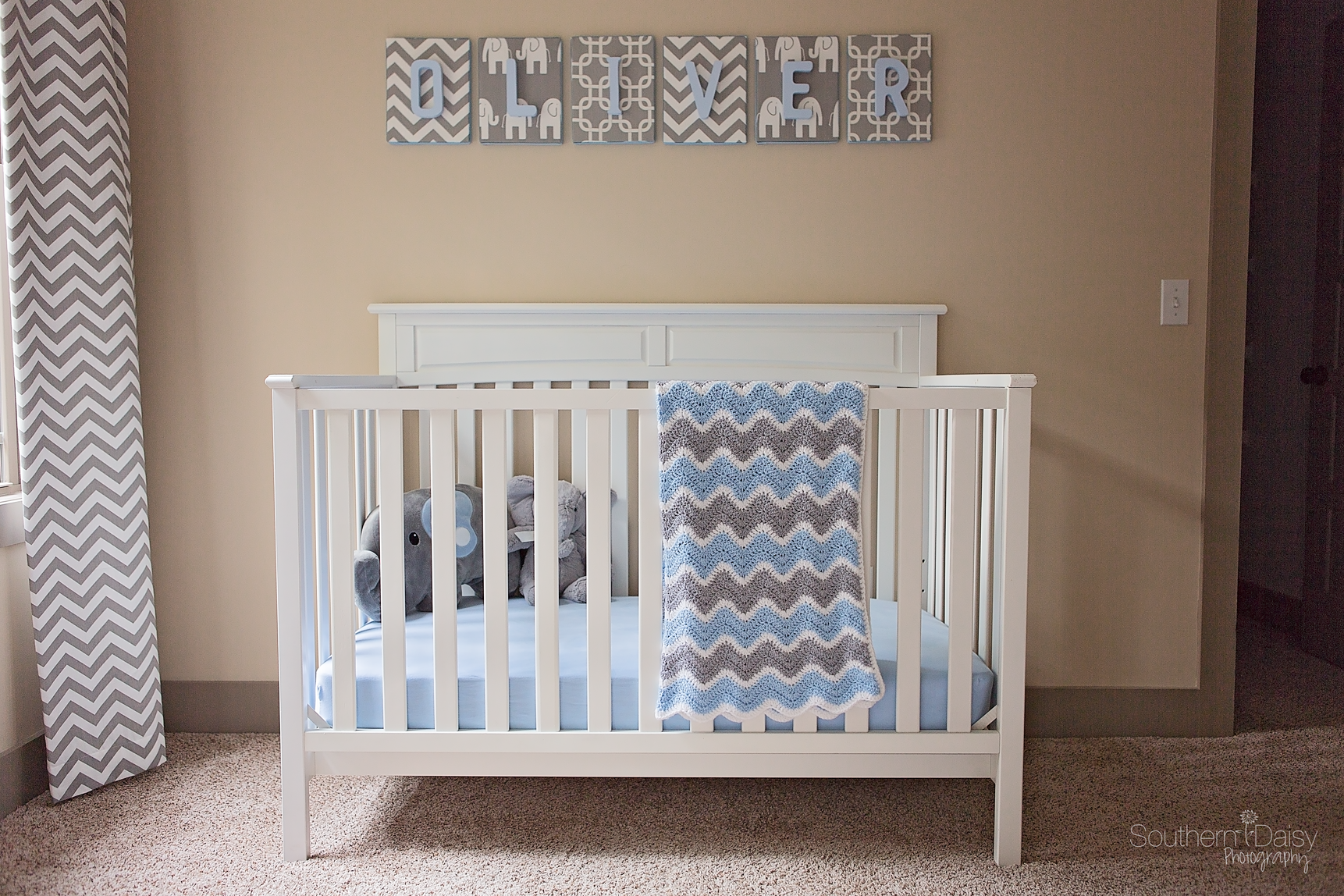 Gray and blue elephant nursery
