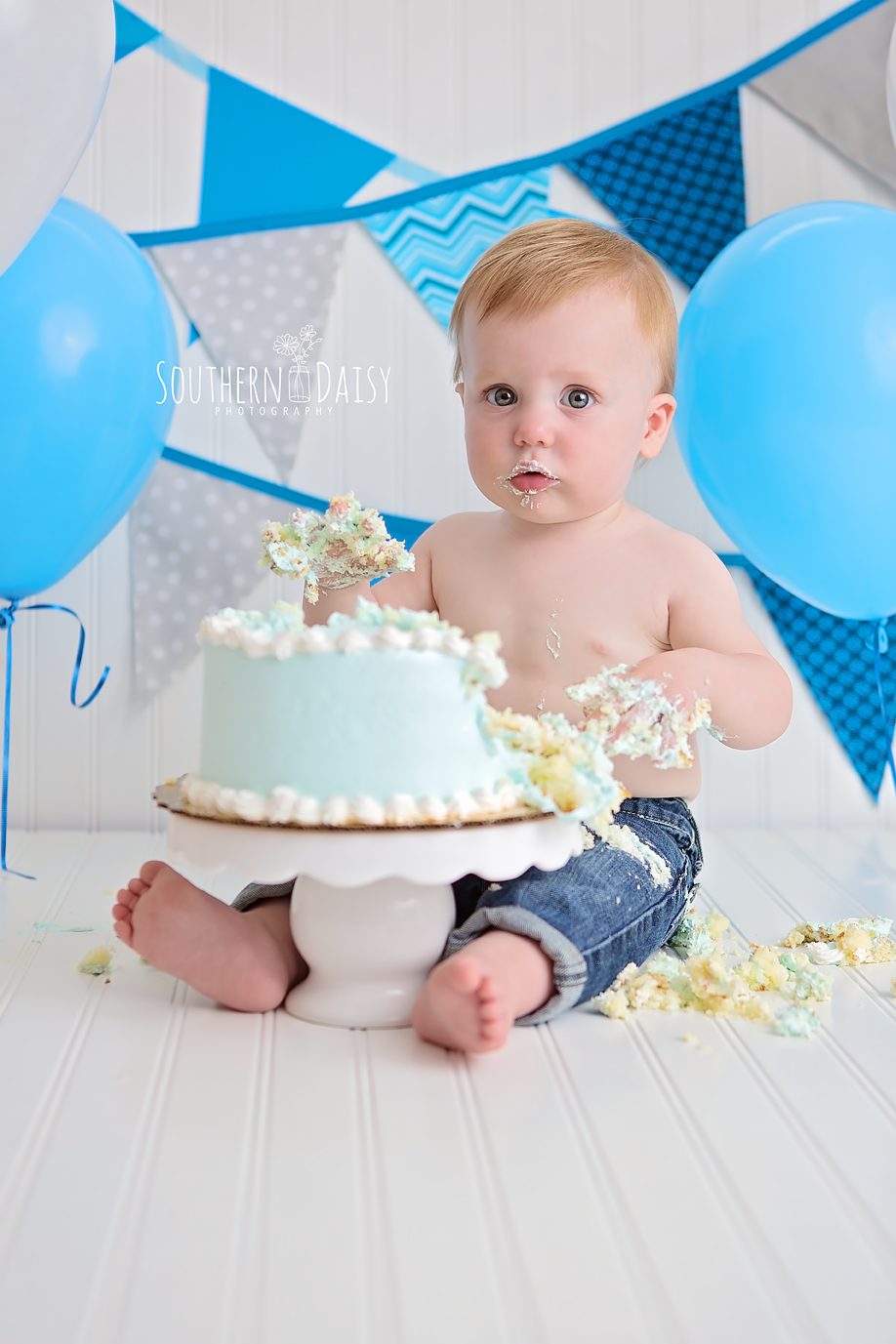 Blue and Gray Cake Smash - Southern Daisy Photography, Hendersonville, TN