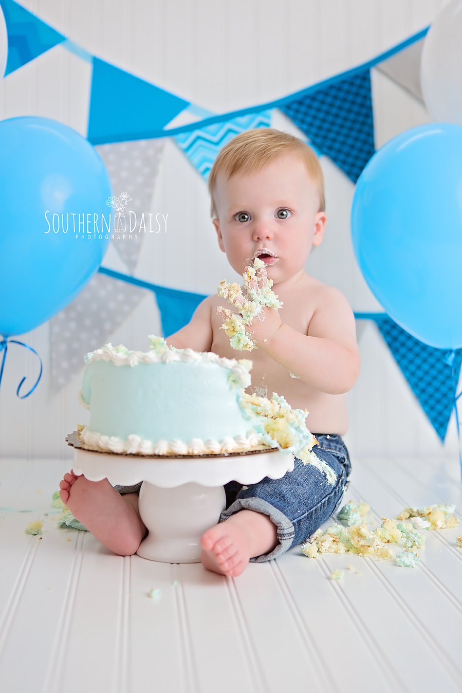 Blue and Gray Cake Smash - Southern Daisy Photography, Hendersonville, TN