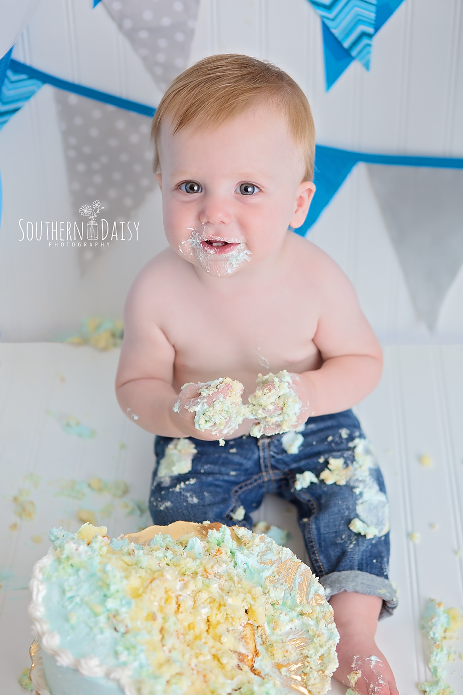 Blue and Gray Cake Smash - Southern Daisy Photography, Hendersonville, TN